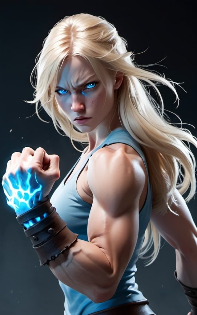 Prompt: Female figure. Greater bicep definition. Sharper, clearer blue eyes. Nosebleed. Long Blonde hair flapping. Frostier, glacier effects. Fierce combat stance. Raging Fists.