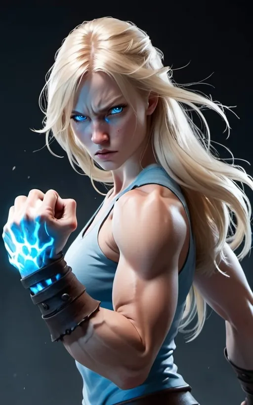 Prompt: Female figure. Greater bicep definition. Sharper, clearer blue eyes. Nosebleed. Long Blonde hair flapping. Frostier, glacier effects. Fierce combat stance. Raging Fists.