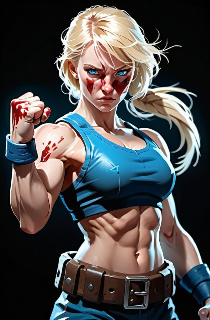 Prompt:  Female figure. Greater bicep definition. Sharper, clearer blue eyes. Blonde hair  flapping. Nose bleed. Frostier, glacier effects. Fierce combat stance. Raging Fists. 