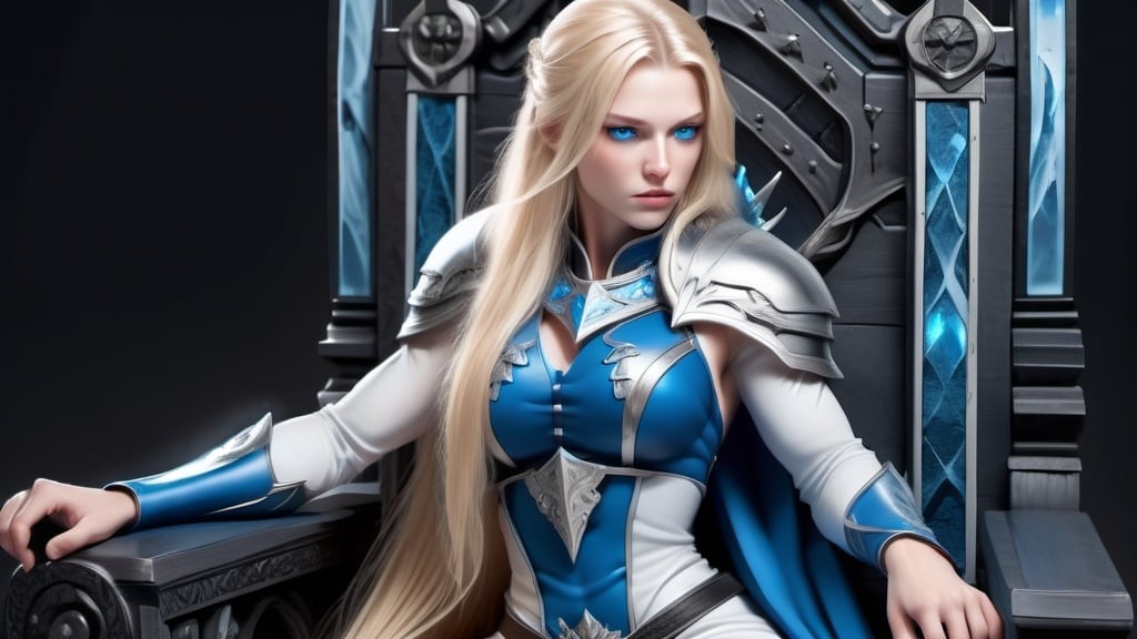 Prompt: Female figure. Greater bicep definition. Sharper, clearer blue eyes. Long Blonde hair flapping. Frostier, glacier effects. Fierce combat stance. Sitting on a throne. Resting her cheek on her hand.