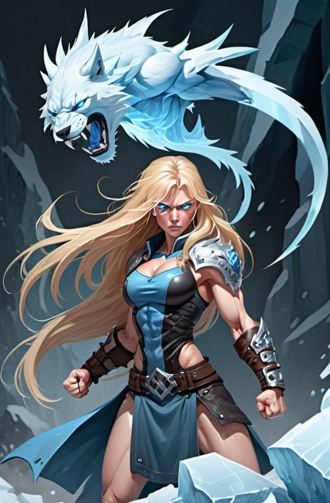 Prompt:  Female figure. Greater bicep definition. Sharper, clearer blue eyes. Nosebleed. Long Blonde hair flapping. Frostier, glacier effects. Fierce combat stance. Raging Fists. Icy Knuckles. 