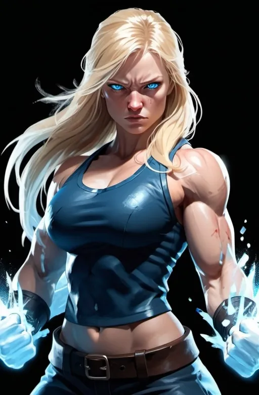 Prompt: Female figure. Greater bicep definition. Sharper, clearer blue eyes. Nosebleed. Long Blonde hair flapping. Frostier, glacier effects. Fierce combat stance. Raging Fists. Icy Knuckles.