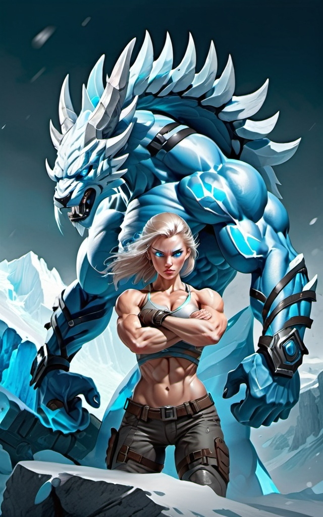 Prompt: Female figure. Greater bicep definition. Sharper, clearer blue eyes.  Frostier, glacier effects. Fierce combat stance. 