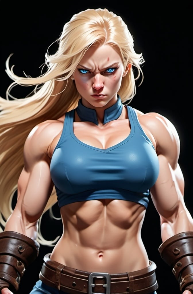 Prompt: Female figure. Greater bicep definition. Sharper, clearer blue eyes. Nosebleed. Long Blonde hair flapping. Frostier, glacier effects. Fierce combat stance. Raging Fists. 
