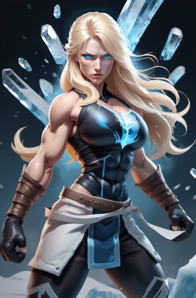 Prompt: Female figure. Greater bicep definition. Sharper, clearer blue eyes. Nosebleed. Long Blonde hair flapping. Frostier, glacier effects. Fierce combat stance. Raging Fists. Icy Knuckles.