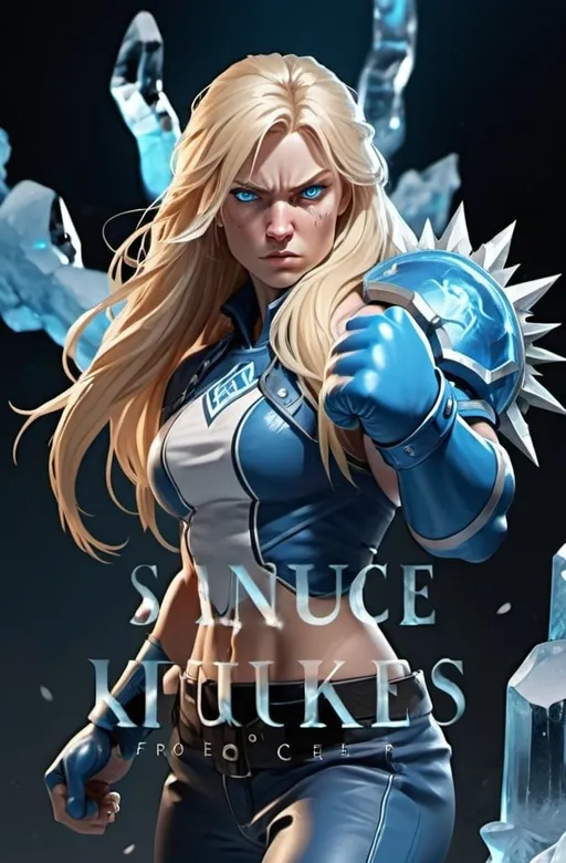 Prompt: Female figure. Greater bicep definition. Sharper, clearer blue eyes. Nosebleed. Long Blonde hair flapping. Frostier, glacier effects. Fierce combat stance. Raging Fists. Icy Knuckles. Blue outfit. 