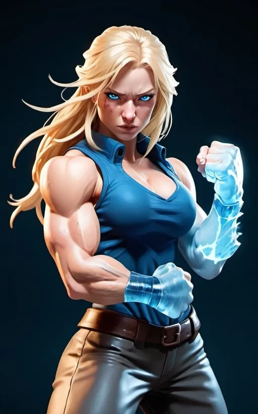 Prompt: Female figure. Greater bicep definition. Sharper, clearer blue eyes. Nosebleed. Long Blonde hair flapping. Frostier, glacier effects. Fierce combat stance. Raging Fists. Icy Knuckles.