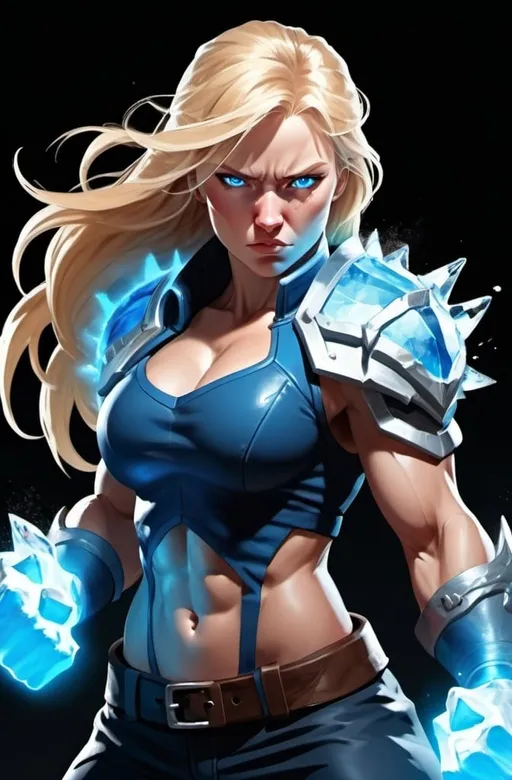 Prompt: Female figure. Greater bicep definition. Sharper, clearer blue eyes. Nosebleed. Long Blonde hair flapping. Frostier, glacier effects. Fierce combat stance. Raging Fists. Icy Knuckles.