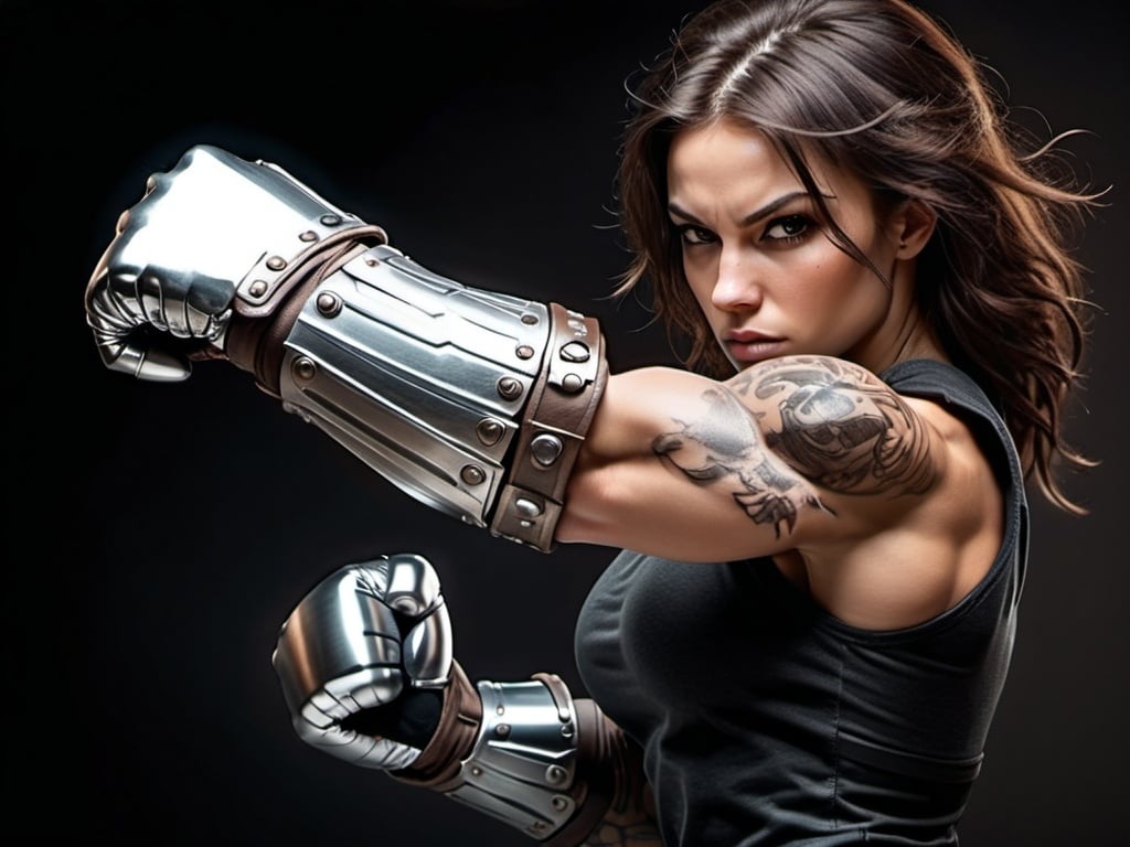 Prompt: Female figure. Greater bicep definition.  Muscular. Russian. Brown eyes. Brunette hair. Fierce combat stance. Raging Fists. Steel Gauntlets. Metallic Knuckles. Tattoo on Shoulder.  