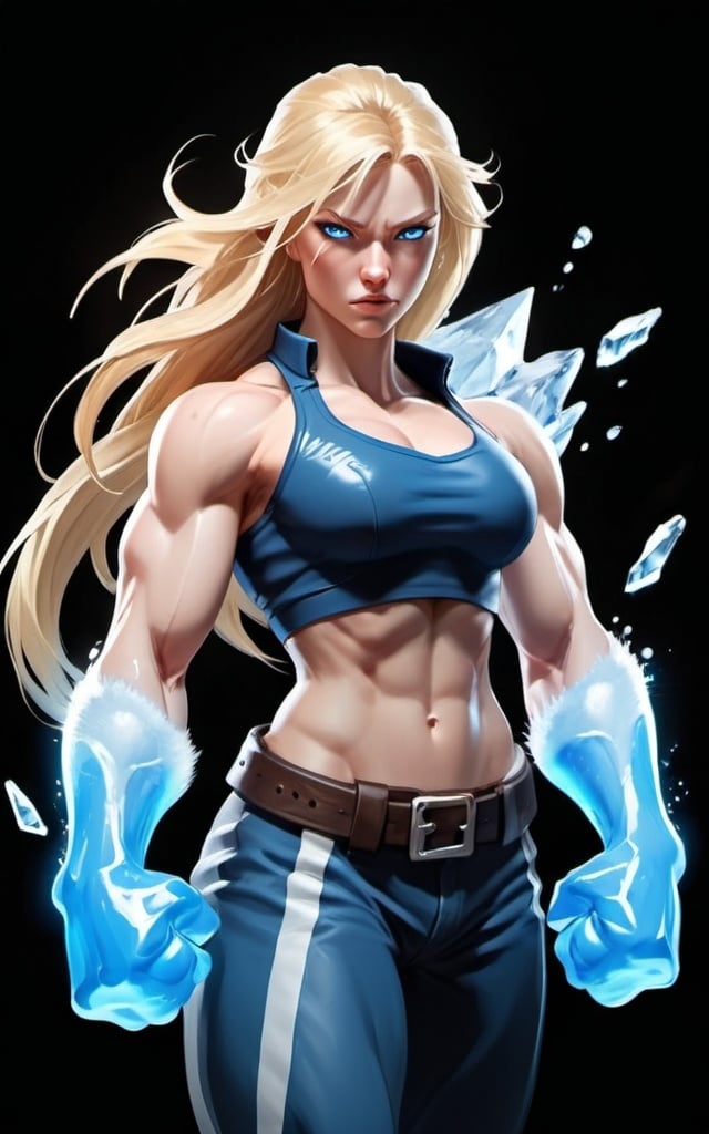 Prompt: Female figure. Greater bicep definition. Sharper, clearer blue eyes. Long Blonde hair flapping. Frostier, glacier effects. Fierce combat stance. Raging Fists. Icy Knuckles.