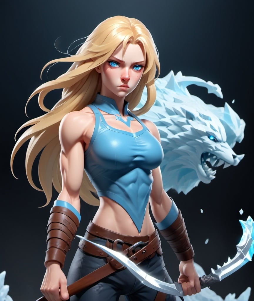 Prompt: Female figure. Greater bicep definition. Sharper, clearer blue eyes. Nosebleed. Long Blonde hair flapping. Frostier, glacier effects. Fierce combat stance.