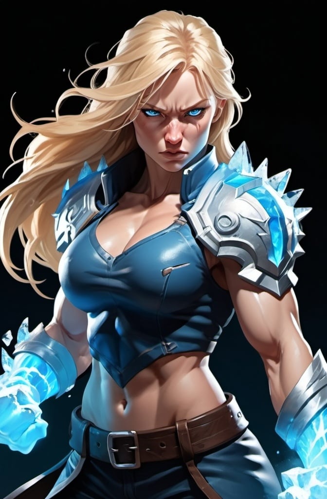 Prompt: Female figure. Greater bicep definition. Sharper, clearer blue eyes. Nosebleed. Long Blonde hair flapping. Frostier, glacier effects. Fierce combat stance. Raging Fists. Icy Knuckles. 