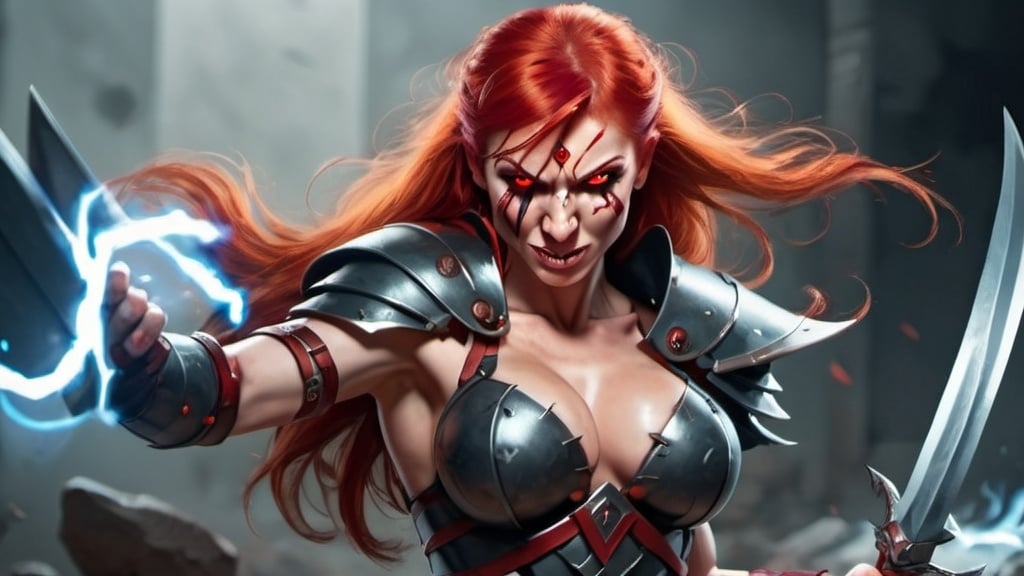 Prompt: Evil red-haired warrior woman with a mischievous grin. Carmine, red eyes. Fierce combat stance.