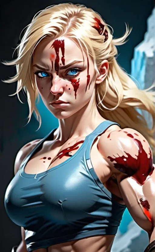 Prompt: Female figure. Greater bicep definition. Sharper, clearer blue eyes. Blonde hair  flapping. Nose bleed. Frostier, glacier effects. Fierce combat stance. 