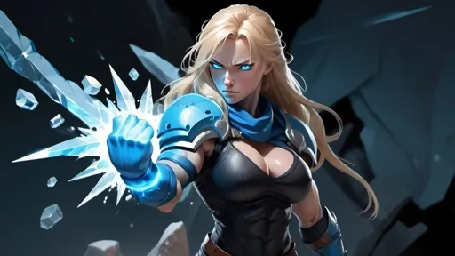 Prompt: Female figure. Greater bicep definition. Sharper, clearer blue eyes. Nosebleed. Long Blonde hair flapping. Frostier, glacier effects. Fierce combat stance. Raging Fists. Icy Knuckles. 