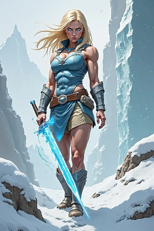 Prompt: @lbK8EQWu1r8WEqH2g1L6 A muscular female warrior wielding a shimmering sword of ice, standing in a frozen landscape. She is mid-action, gripping the icy blade with both hands, her stance powerful and determined. Her armor is sleek and metallic, reflecting cold blue and silver tones, with frost forming along the edges. Her hair flows behind her, caught in a gust of icy wind. The environment features jagged ice formations and a snow-covered ground under a pale, overcast sky. Soft blue light emanates from the sword, illuminating her focused expression. The scene is captured from a slightly low angle, emphasizing her strength and the glowing weapon, with swirling snow and icy particles adding a dynamic, wintry atmosphere.