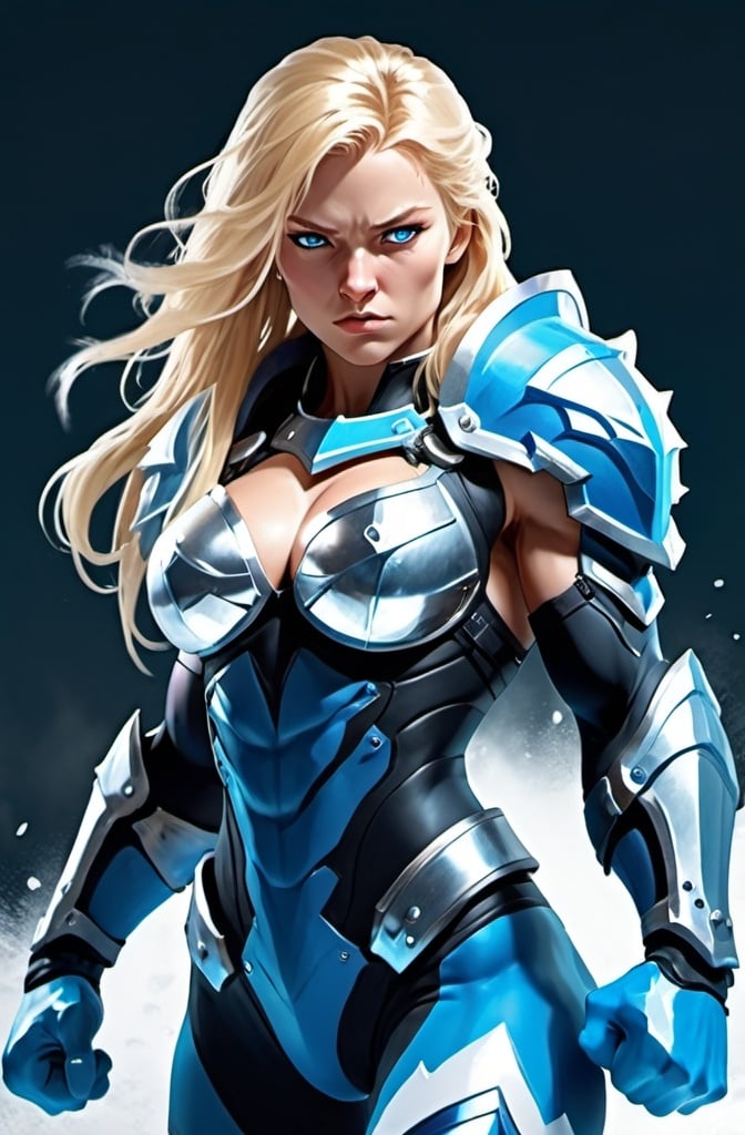 Prompt: Female figure. Greater bicep definition. Sharper, clearer blue eyes. Nosebleed. Long Blonde hair flapping. Frostier, glacier effects. Fierce combat stance. Raging Fists. Icy Knuckles. Blue armor suit.