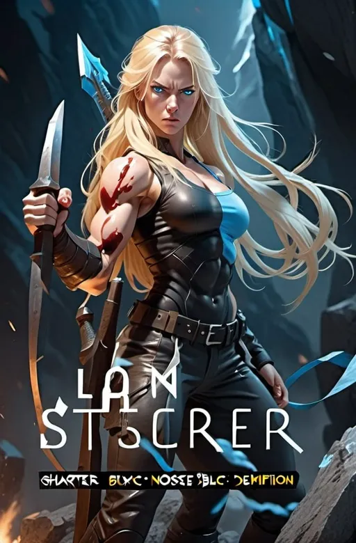 Prompt: Female figure. Greater bicep definition. Sharper, clearer blue eyes. Nosebleed. Long Blonde hair flapping. Frostier, glacier effects. Fierce combat stance. Enraged. 