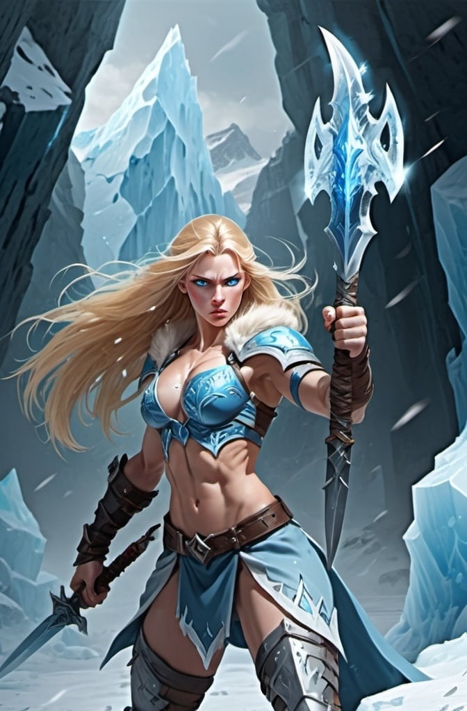 Prompt:  Female figure. Greater bicep definition. Sharper, clearer blue eyes. Nosebleed. Long Blonde hair flapping. Frostier, glacier effects. Fierce combat stance. Ice Daggers. 