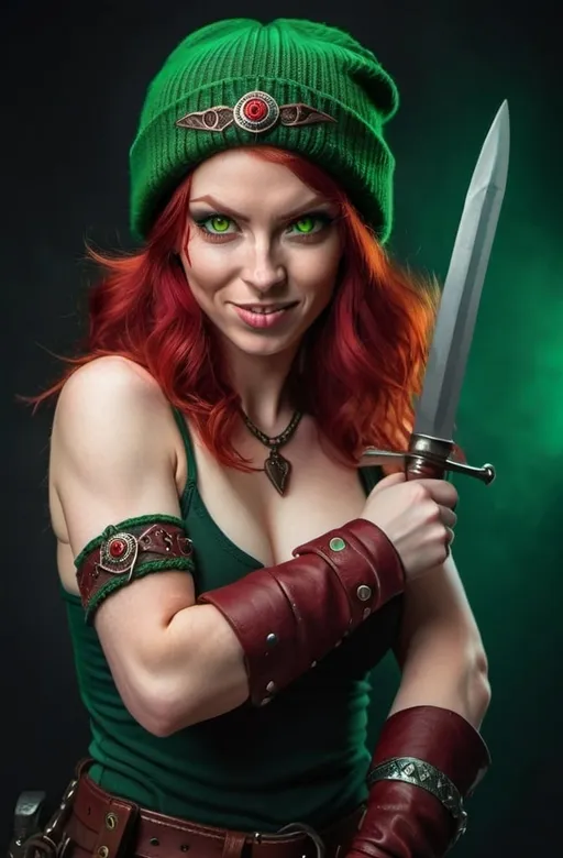 Prompt: Evil red-haired warrior woman, wearing a green beanie and a mischievous smirk. Carmine red eyes. Carries daggers. 