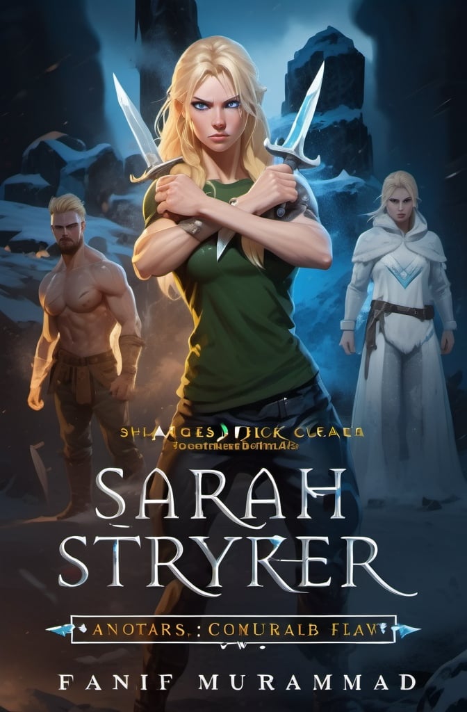 Prompt:  Female figure. Greater bicep definition. Sharper, clearer blue eyes. Blonde hair  flapping. Frostier, glacier effects. Engulfed in White Mist. Fierce combat stance. Holding Ice Daggers.