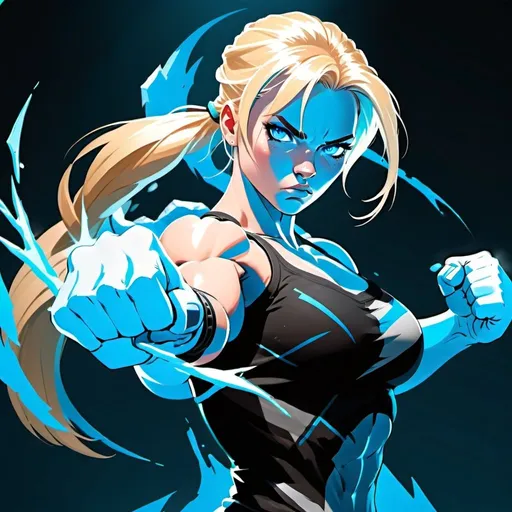 Prompt: Female figure. Greater bicep definition. Sharper, clearer blue eyes. Blonde hair.  Frostier, glacier effects.  Fierce combat stance. Raging Fists. 