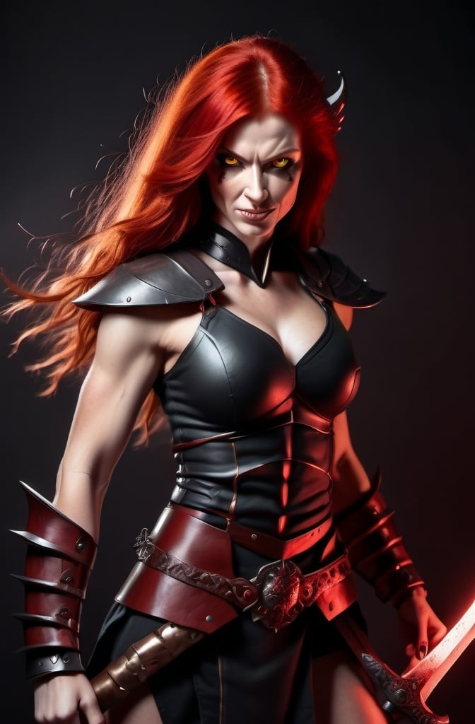 Prompt: Evil red-haired warrior woman with a mischievous grin. Carmine, red eyes. Fierce combat stance.