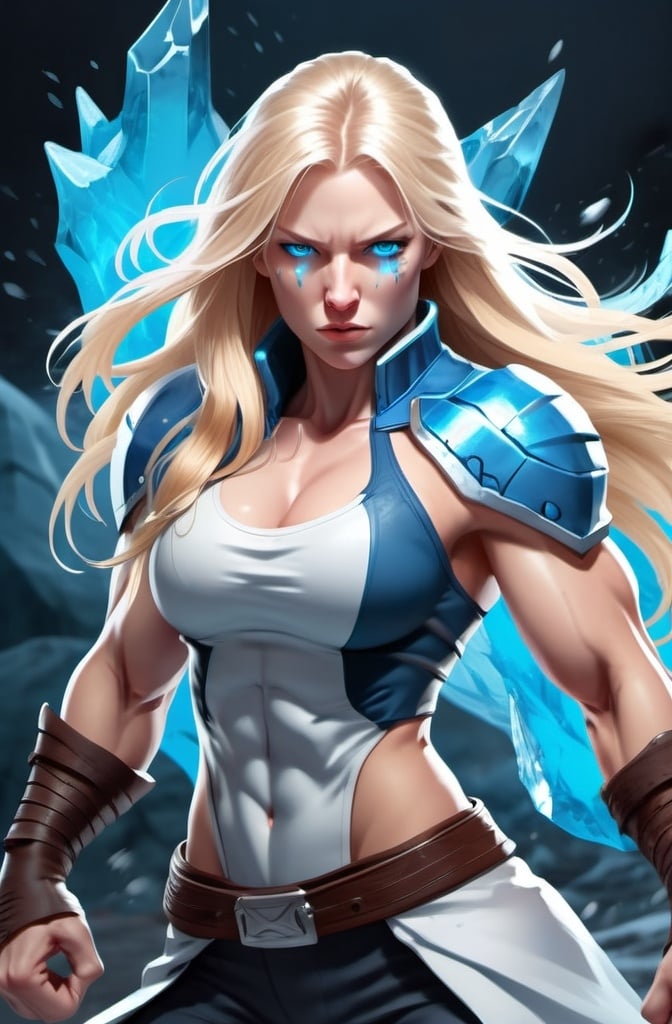 Prompt: Female figure. Greater bicep definition. Sharper, clearer blue eyes. Nosebleed. Long Blonde hair flapping. Frostier, glacier effects. Fierce combat stance. Raging Fists. Icy Knuckles.