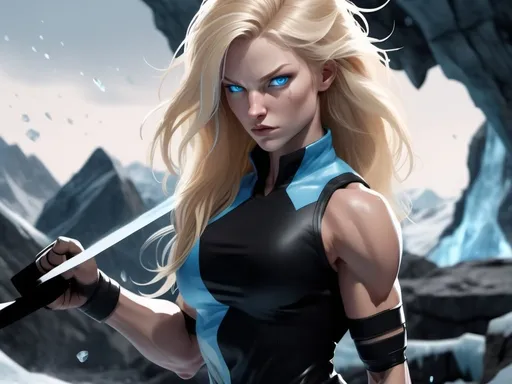 Prompt: Female figure. Greater bicep definition. Sharper, clearer blue eyes. Nosebleed. Long Blonde hair flapping. Frostier, glacier effects. Fierce combat stance. Raging Fists. Icy Knuckles.