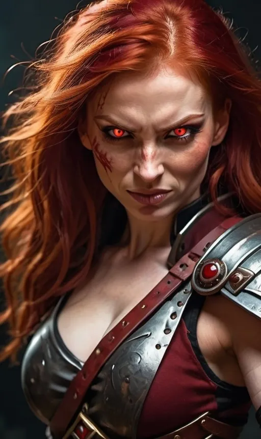 Prompt: Evil red-haired warrior woman with a mischievous grin. Carmine, red eyes. Fierce combat stance.