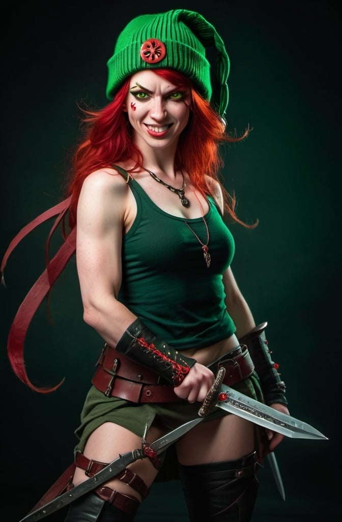 Prompt: Evil red-haired warrior woman With Carmine Red eyes, wearing a green beanie and a mischievous smirk. Carries daggers.