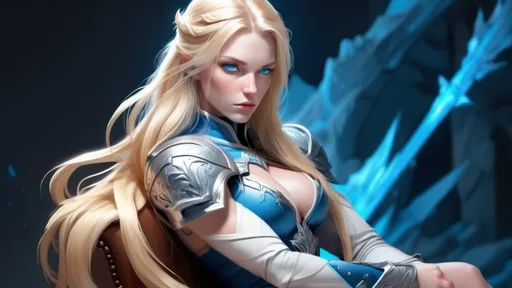 Prompt: Female figure. Greater bicep definition. Sharper, clearer blue eyes. Long Blonde hair flapping. Frostier, glacier effects. Fierce combat stance. Sitting on a throne. Resting her cheek on her hand.