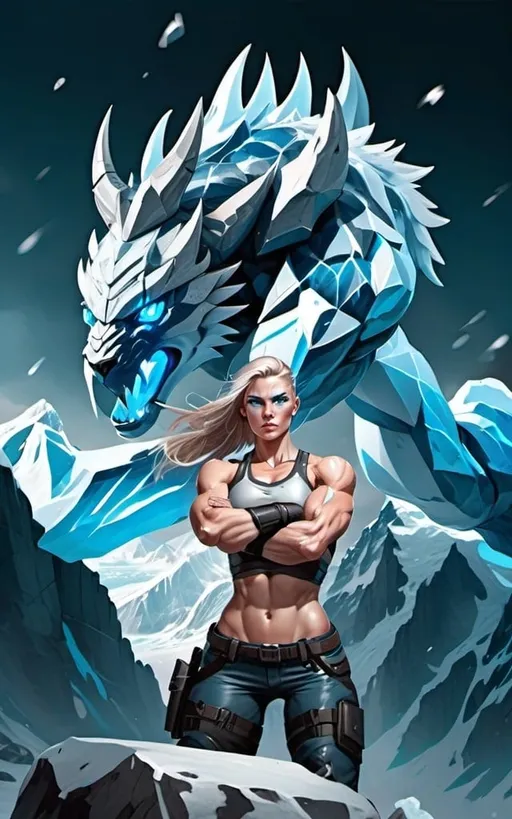 Prompt: Female figure. Greater bicep definition. Sharper, clearer blue eyes.  Frostier, glacier effects. Fierce combat stance. 