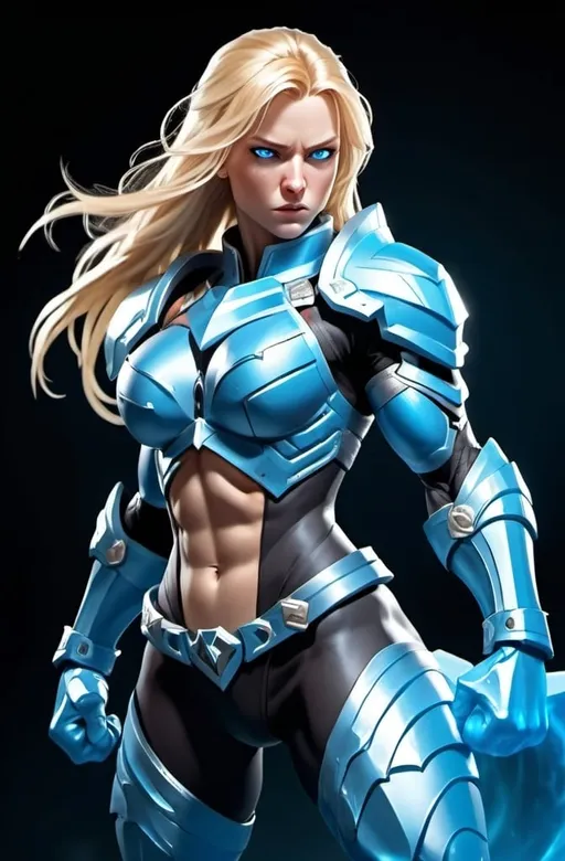 Prompt: Female figure. Greater bicep definition. Sharper, clearer blue eyes. Nosebleed. Long Blonde hair flapping. Frostier, glacier effects. Fierce combat stance. Raging Fists. Icy Knuckles. Blue armor suit.