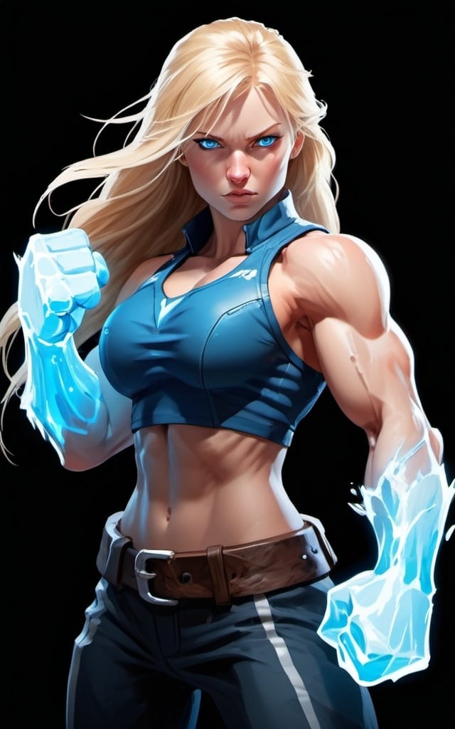 Prompt: Female figure. Greater bicep definition. Sharper, clearer blue eyes. Long Blonde hair flapping. Frostier, glacier effects. Fierce combat stance. Icy Knuckles. Raging Fists.