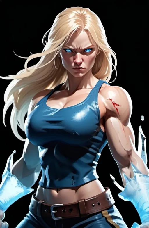 Prompt: Female figure. Greater bicep definition. Sharper, clearer blue eyes. Nosebleed. Long Blonde hair flapping. Frostier, glacier effects. Fierce combat stance. Raging Fists. Icy Knuckles.