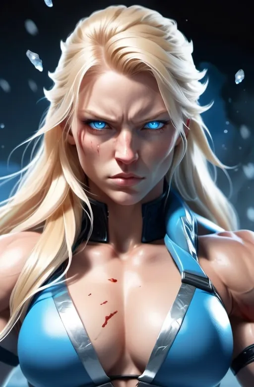 Prompt: Female figure. Greater bicep definition. Sharper, clearer blue eyes. Nosebleed. Long Blonde hair flapping. Frostier, glacier effects. Fierce combat stance. Raging Fists. Icy Knuckles.