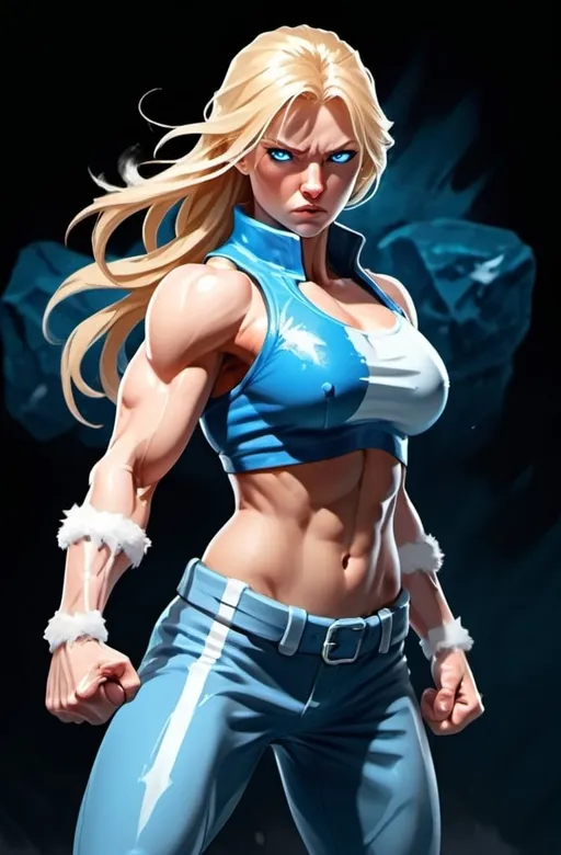 Prompt: Female figure. Greater bicep definition. Sharper, clearer blue eyes. Nosebleed. Long Blonde hair flapping. Frostier, glacier effects. Fierce combat stance. Raging Fists. Icy Knuckles.  