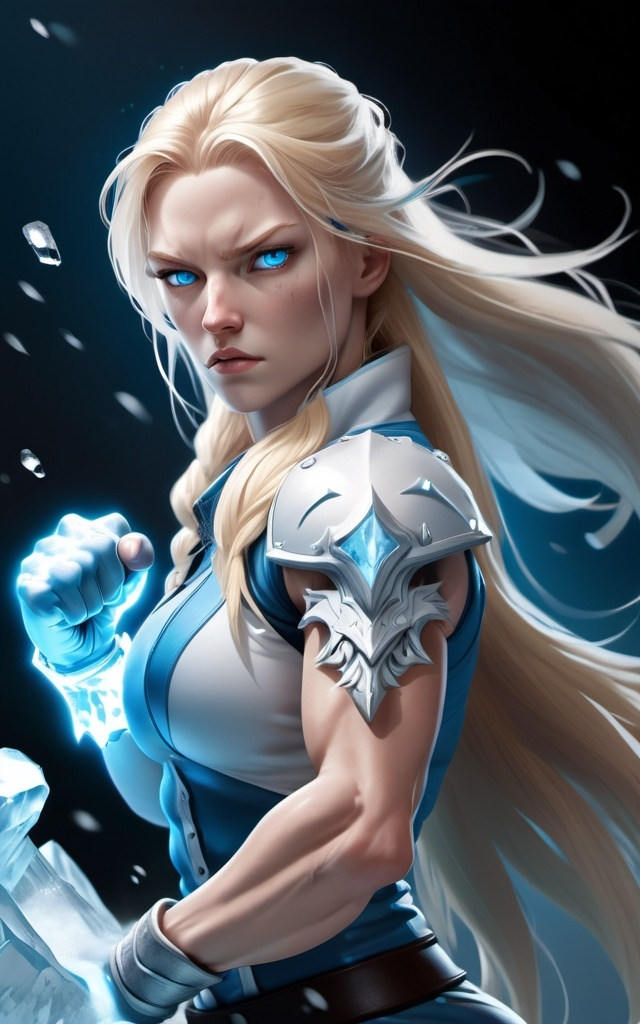 Prompt:  Female figure. Greater bicep definition. Sharper, clearer blue eyes. Nosebleed. Long Blonde hair flapping. Frostier, glacier effects. Fierce combat stance. Raging Fists. Icy Knuckles. 