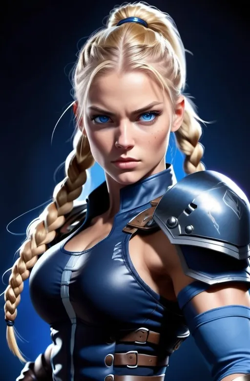 Prompt:  Female figure. Greater bicep definition. Dark Blue eyes. Blonde braided ponytail. Fierce combat stance. Raging Gravity-powered Gauntlets. 