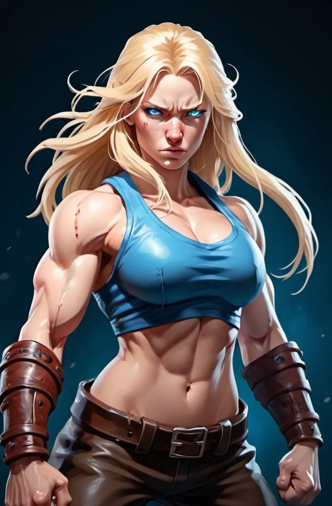 Prompt: Female figure. Greater bicep definition. Sharper, clearer blue eyes. Nosebleed. Long Blonde hair flapping. Frostier, glacier effects. Fierce combat stance. Raging Fists. Icy Knuckles. 