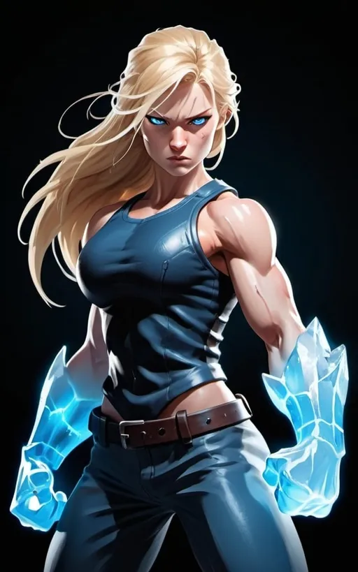 Prompt: Female figure. Greater bicep definition. Sharper, clearer blue eyes. Nosebleed. Long Blonde hair flapping. Frostier, glacier effects. Fierce combat stance. Raging Fists. Icy Knuckles.