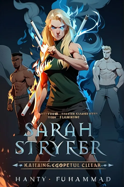Prompt: Two figures. One Blonde-haired Female figure. Greater bicep definition. Sharper, clearer blue eyes.  Frostier, glacier effects. Fierce combat stance. One young short Angry Black male with Cigarette, flaming hands. 