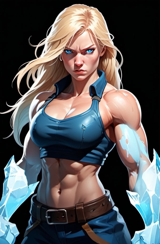 Prompt: Female figure. Greater bicep definition. Sharper, clearer blue eyes. Nosebleed. Long Blonde hair flapping. Frostier, glacier effects. Fierce combat stance. Raging Fists. Icy Knuckles. 