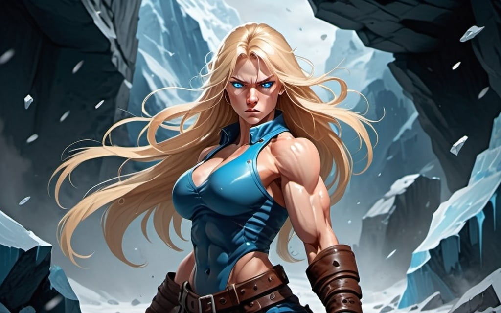 Prompt: Female figure. Greater bicep definition. Sharper, clearer blue eyes. Nosebleed. Long Blonde hair flapping. Frostier, glacier effects. Fierce combat stance. Raging Fists.