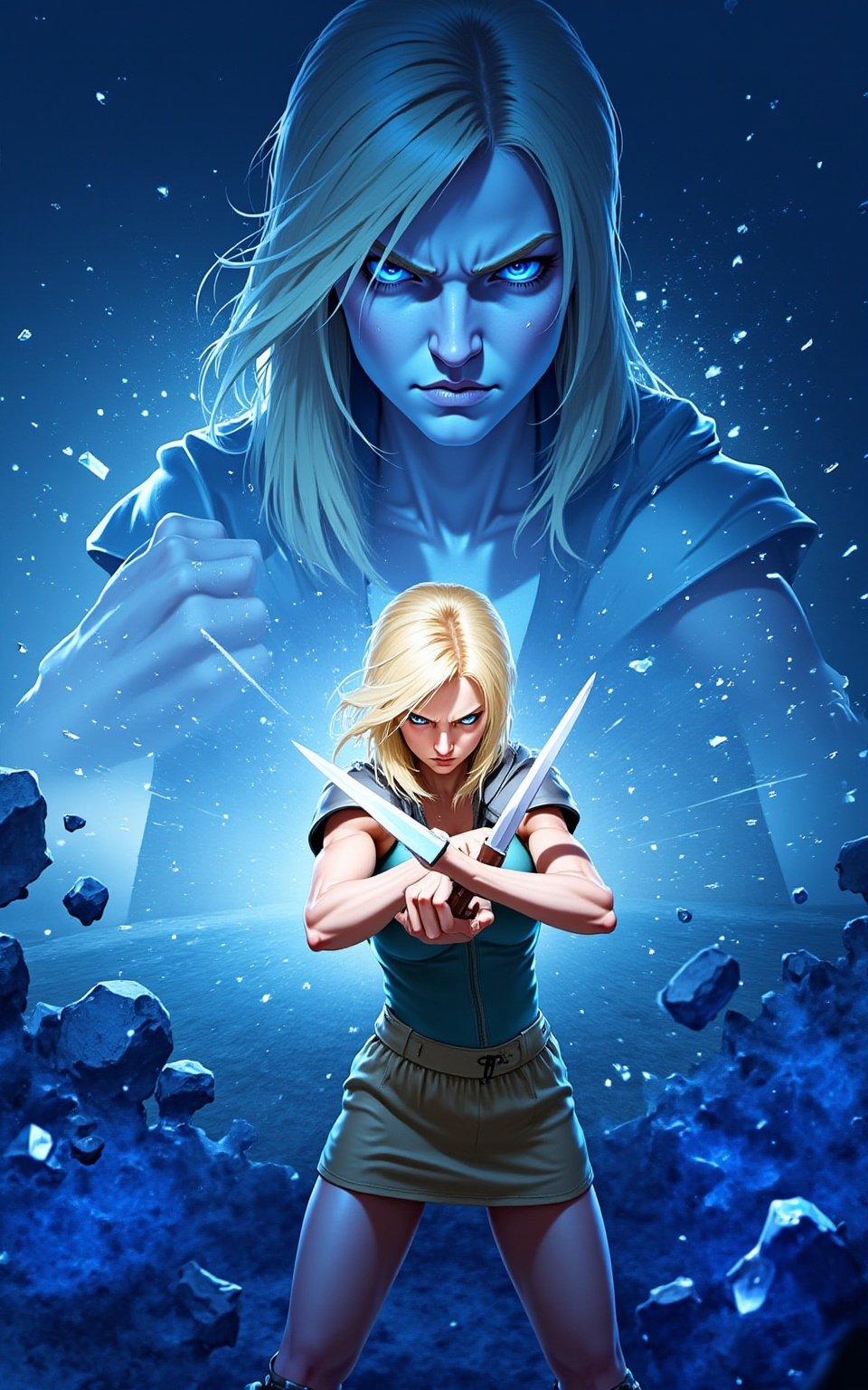 Prompt: A dynamic illustration of @lbK8EQWu1r8WEqH2g1L6, a muscular female warrior, twirling her gleaming daggers with precision in a fierce combat stance. She stands firmly in the center of the frame, her powerful physique accentuated by a battle-ready outfit adorned with intricate armor details. The background is a chaotic battlefield, with debris scattering around her, hinting at the intensity of the fight. Dramatic lighting casts sharp shadows, highlighting her determined expression and the glint of her blades. The atmosphere is charged with tension, as dust swirls in the air, emphasizing her swift movements and readiness for action.