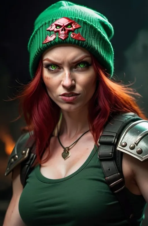 Prompt: Evil red-haired warrior woman, wearing a green beanie and a mischievous smirk. Carmine, red eyes. Fierce combat stance. 