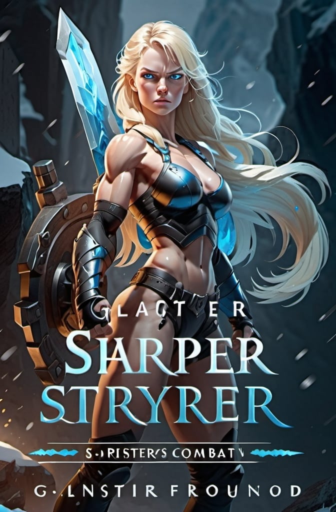 Prompt: Female figure. Greater bicep definition. Sharper, clearer blue eyes. Blonde hair flapping. Frostier, glacier effects. Fierce combat stance. 