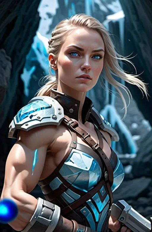 Prompt: Female figure. Greater bicep definition. Sharper, clearer blue eyes.  Frostier, glacier effects. Fierce combat stance. 