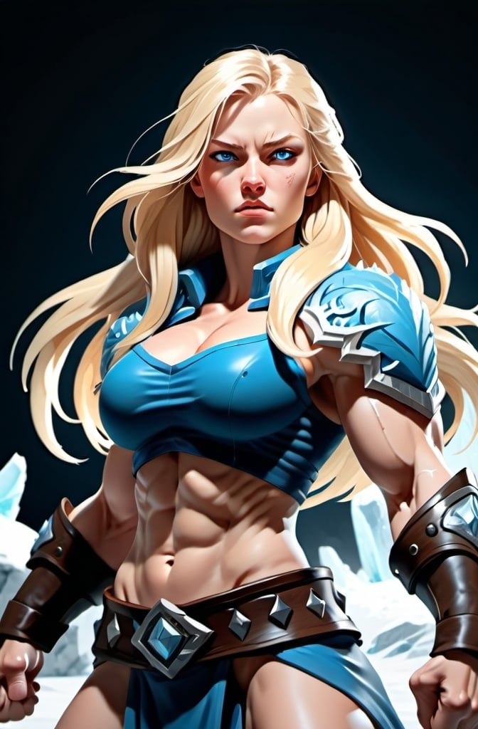 Prompt: Female figure. Greater bicep definition. Sharper, clearer blue eyes. Long Blonde hair flapping. Frostier, glacier effects. Fierce combat stance. Icy Knuckles. Raging Fists.